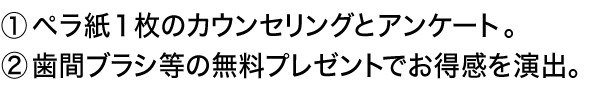 ①ペラ紙１枚のカウンセリングとアンケート。②歯間ブラシ等の無料プレゼントでお得感を演出。