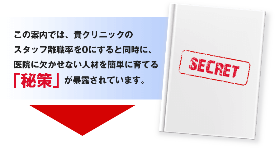 この案内では、貴クリニックのスタッフ離職率を0にすると同時に、医院に欠かせない人材を簡単に育てる「秘策」が暴露されています。